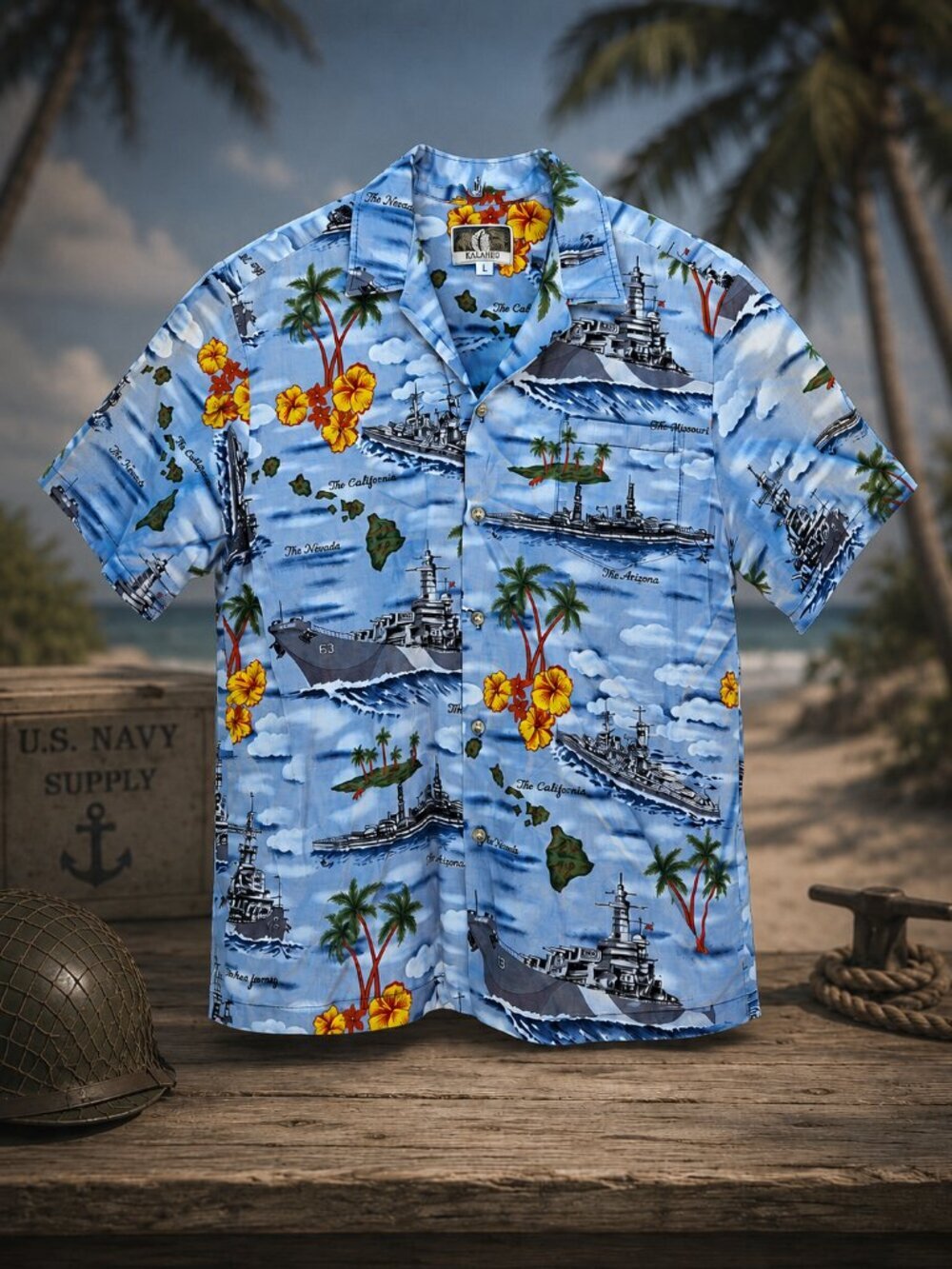 Kalaheo Hawaiian Collector's WWII Navy Battleship Print Short Sleeve Shirt - L